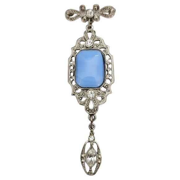 1928 Brand Silver Tone Blue Glass Art Deco Style Clear Rhinestone Dangle Brooch - Picture 8 of 8